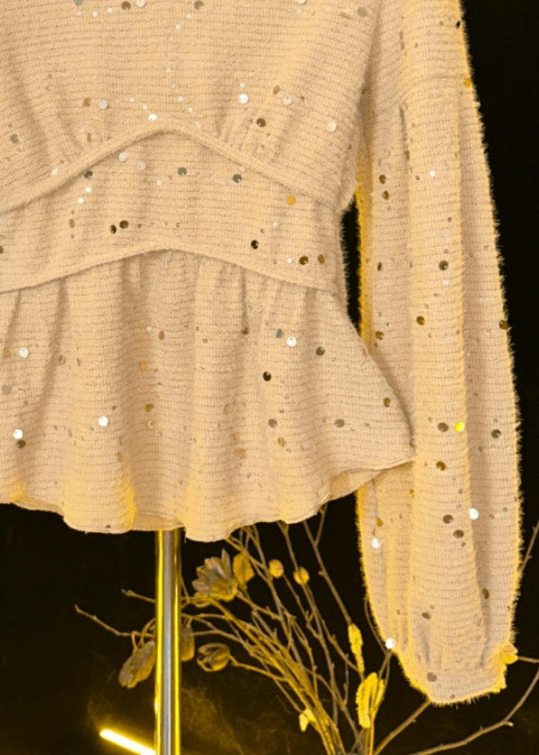 Khaki V Neck Sequins Cotton T Shirts Fall
