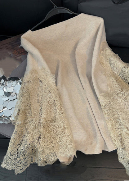 Light Camel V Neck Lace Patchwork Knit Cardigans Spring