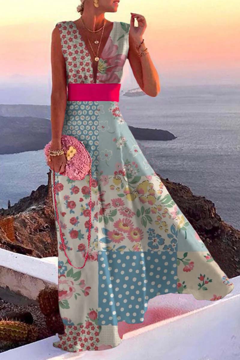 Simplicity Print Split Joint V Neck a Line Dresses