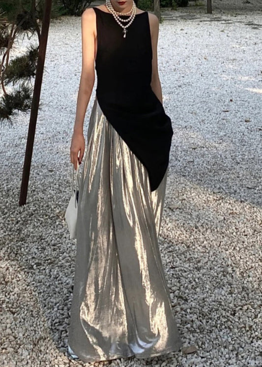 Black Asymmetrical Tops and Silver Pants Cotton Two Pieces Set Sleeveless