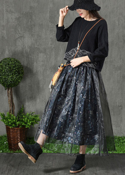 Navy Print Patchwork Fall Organza Skirt