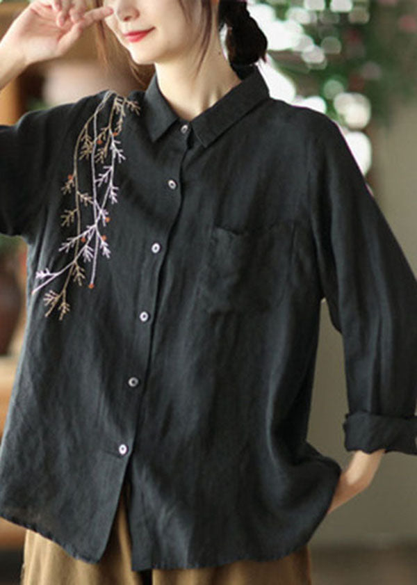 Orange Linen Blouses Embroidered Chinese Style Long Sleeve