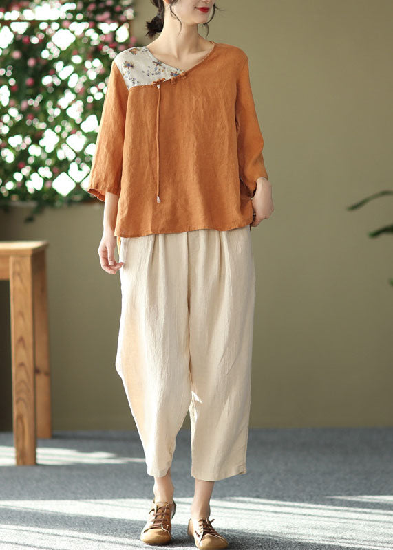 Loose Orange Oriental O-neck Patchwork Linen Tops Bracelet Sleeve