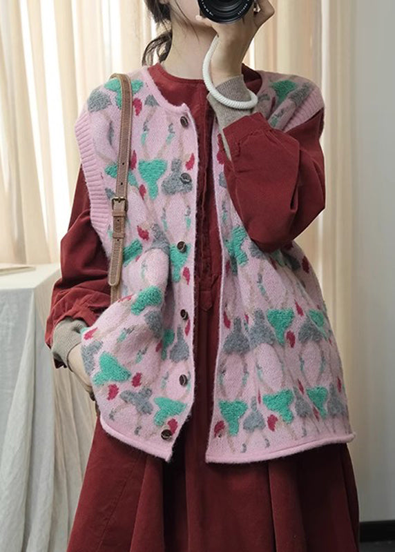 Pink O Neck Jacquard Knit Vest Tops Sleeveless