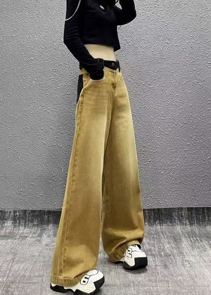 Khaki Pockets Patchwork Denim Wide Leg Pants Fall