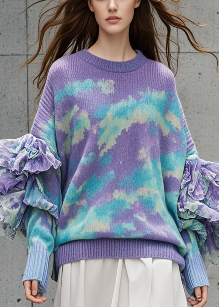 Purple Ruffled Tie Dye Knit Sweater Tops Fall