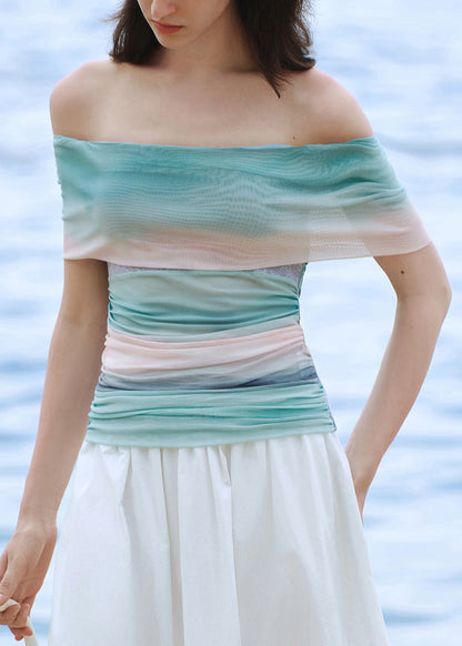 Slim Fit Gradient Color Slash Neck Knit Patchwork Tulle Top Summer