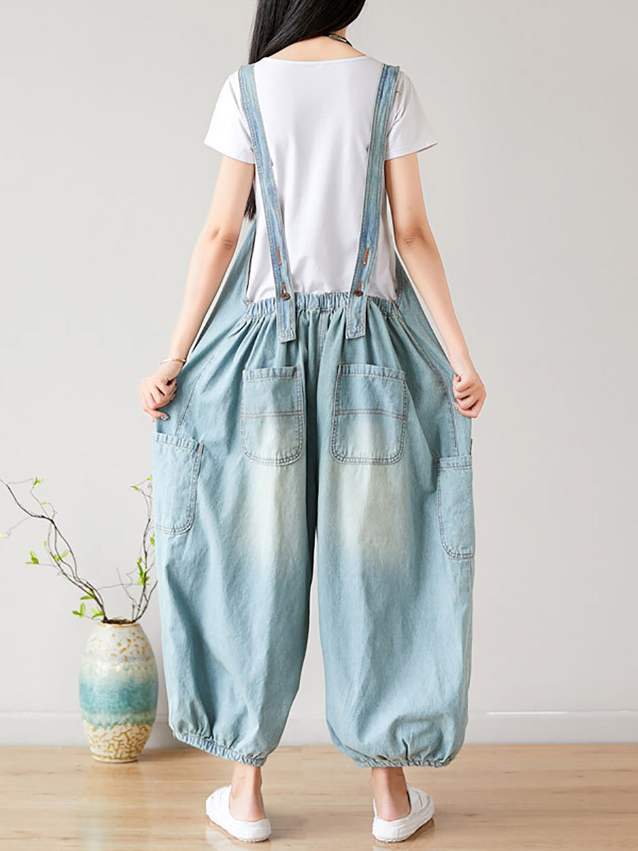 Summer Retro Frayed Washed Denim Jumpsuits