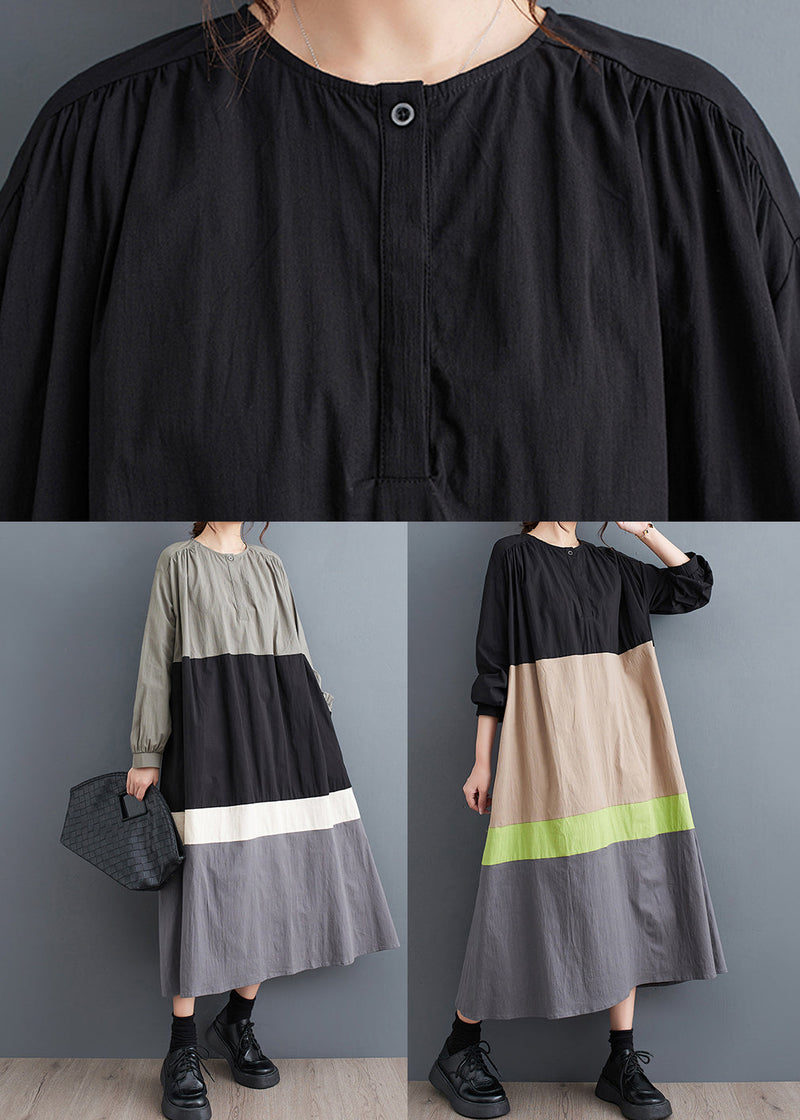 Black O Neck Patchwork Cotton Long Dress Fall