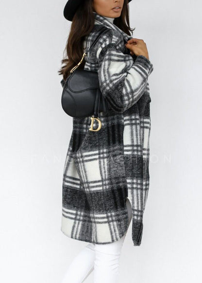 Black Peter Pan Collar Plaid Woolen Shirts Coat Spring