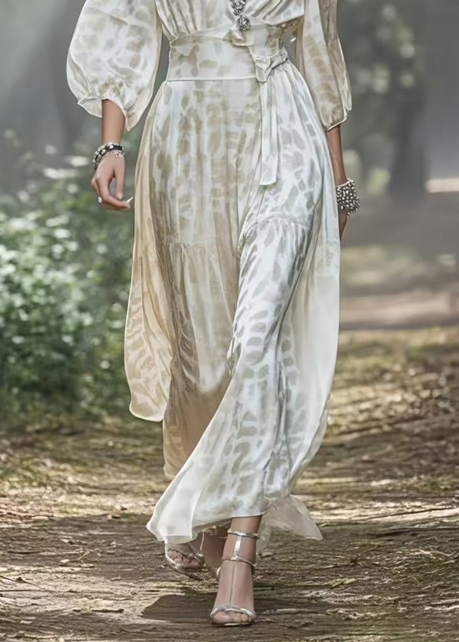 White V Neck Draping Silk Holiday Dress Lantern Sleeve
