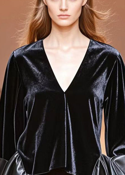 Unique Black V Neck Patchwork Pu Silk Velour Tops Lantern Sleeve