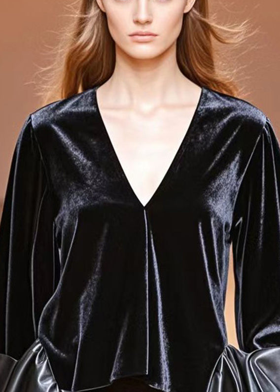 Unique Black V Neck Patchwork Pu Silk Velour Tops Lantern Sleeve