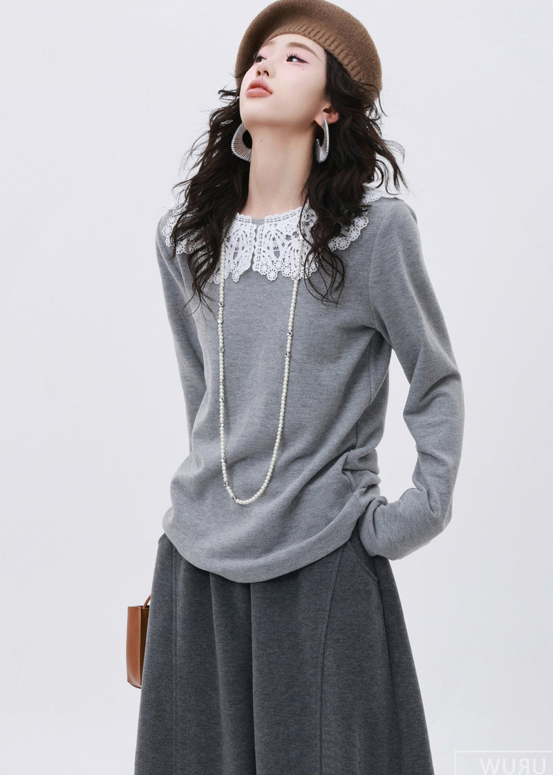 Art Grey O-neck Patchwork Lace Cotton Shirt Spring