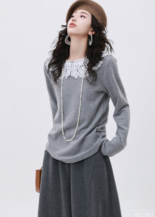 Art Grey O-neck Patchwork Lace Cotton Shirt Spring
