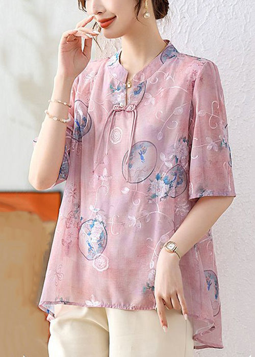 Pink Chinese Button Print Chiffon Shirt Summer