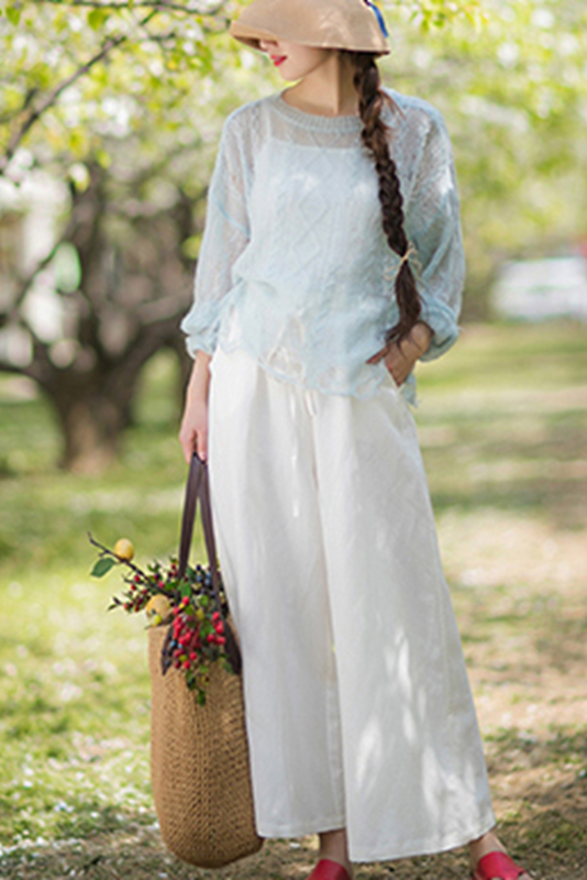 White Linen Elastic Waist Wide Leg Pants
