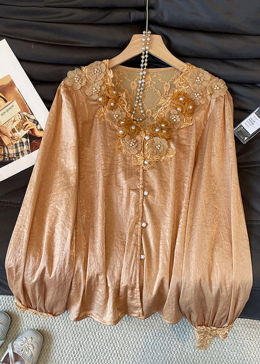 V Neck Button Lace Patchwork Silk Shirt Fall