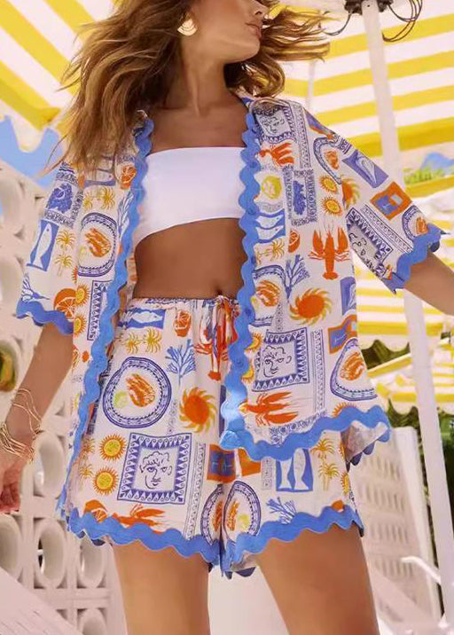 Loose Blue Print Blouses and Shorts Cotton Two Pieces Set Summer