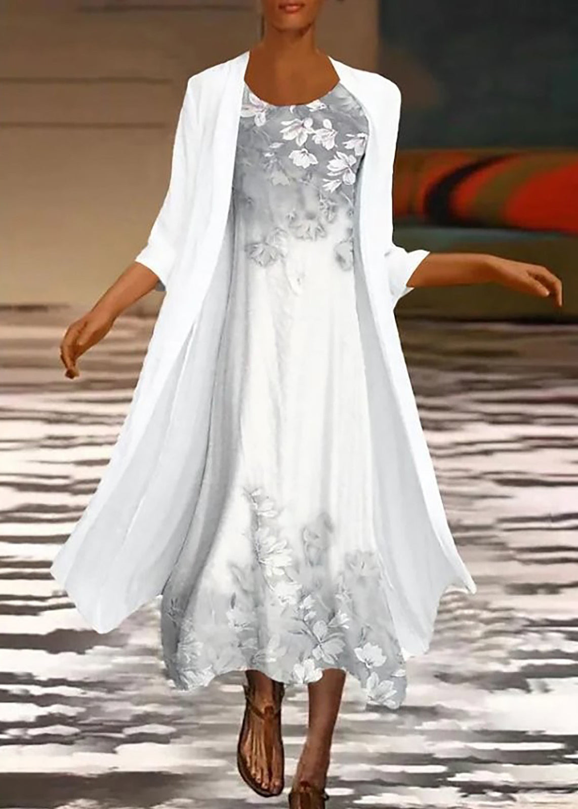 New White Print Chiffon Cardigans Dresses Two Pieces Set Summer