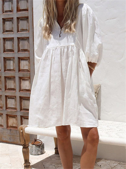Loose V-neck Dress Bubble Sleeve Color Cotton Linen Dresses