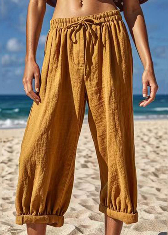 Handmade Earth Yellow Elastic Waist Crop Pants Summer