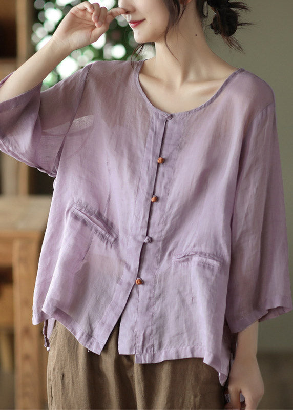Purple O-neck Button Linen Shirt Long Sleeve
