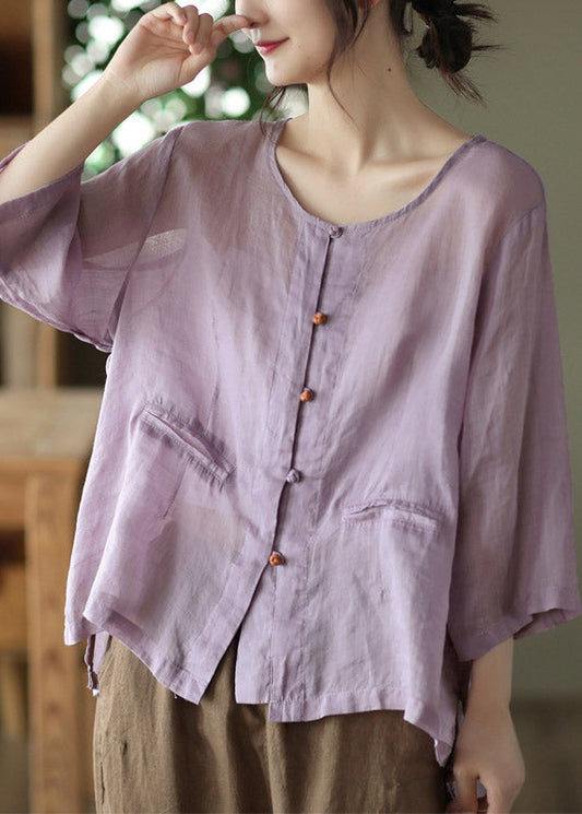 Purple O-neck Button Linen Shirt Long Sleeve