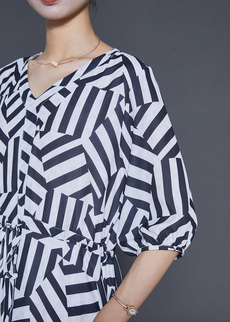 Black Cinched Striped Chiffon Dress Summer