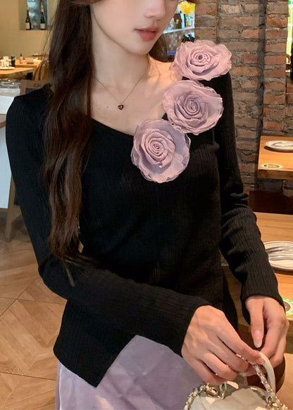 Black V Neck Knit Tops and Purple Skirts Two Pieces Set Fall