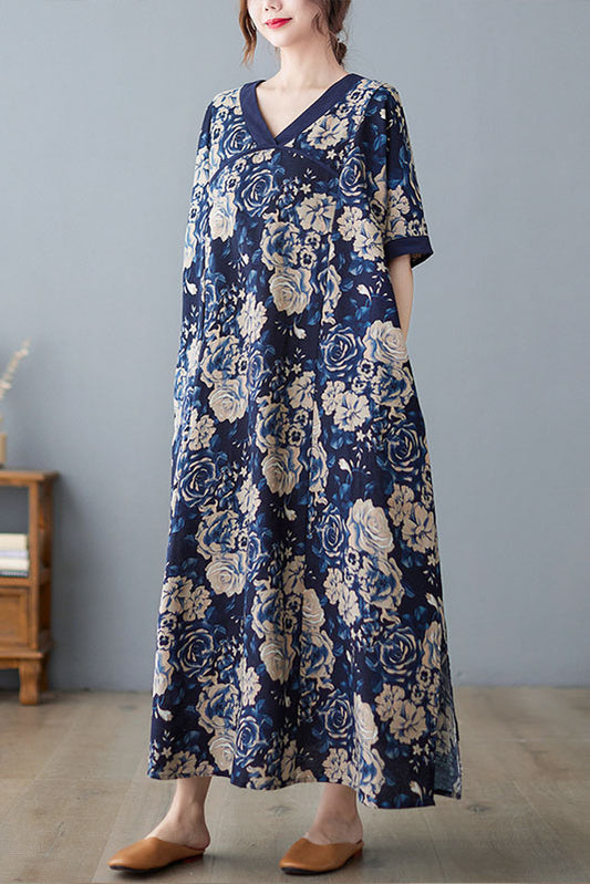 -summer Cotton Linen Print Short Sleeve Dress