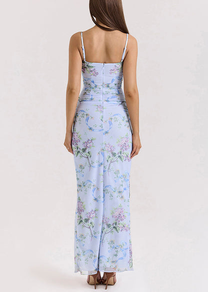 Novelty Blue Print Side Open Tulle Spaghetti Strap Dress Sleeveless