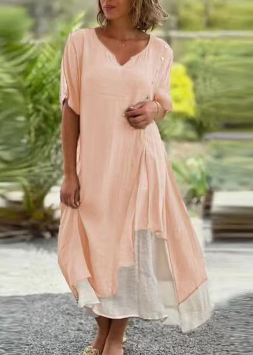 Loose Khaki V Neck False Two Pieces Patchwork Cotton Dress Summer