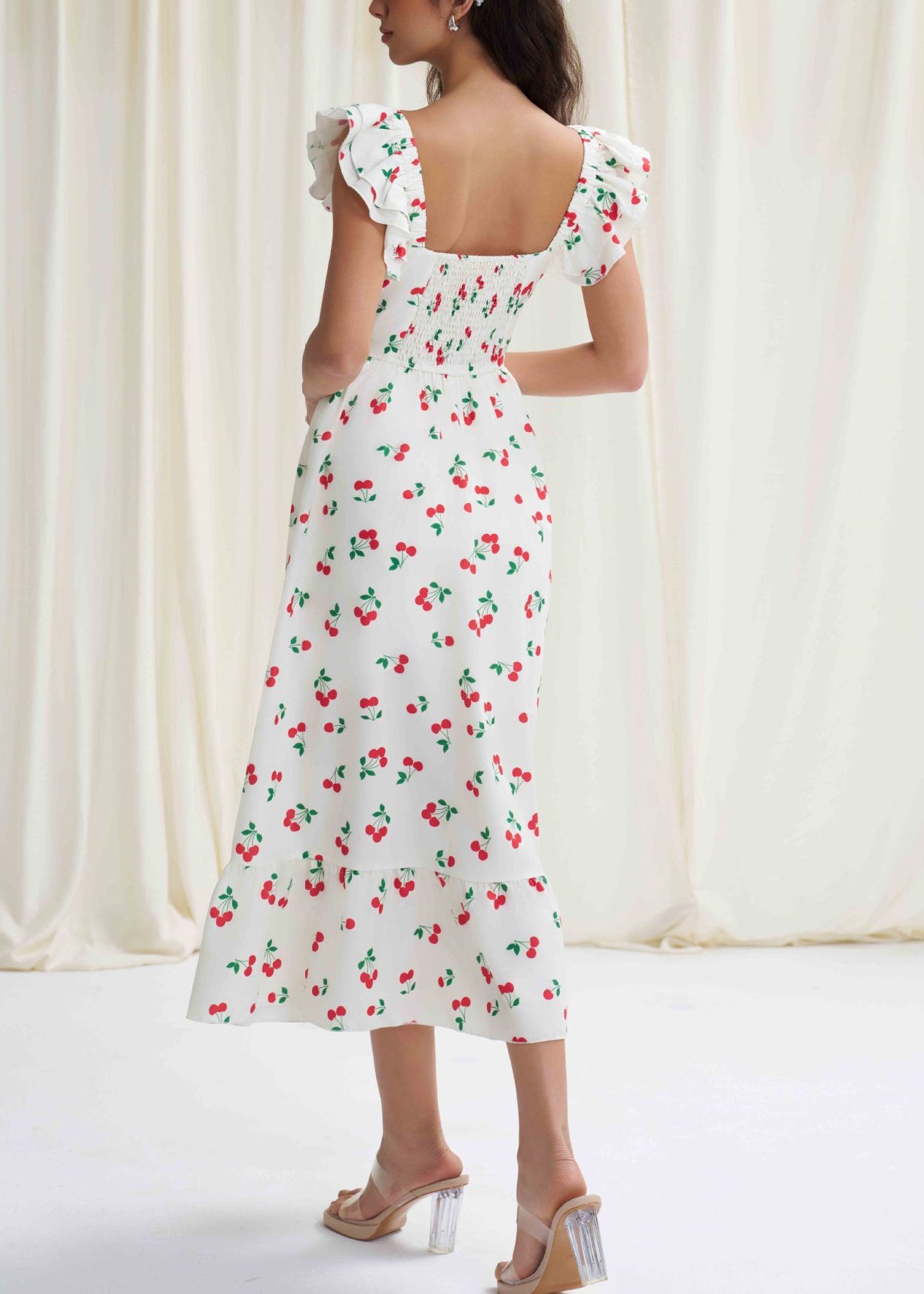 Fine White Ruffled Print Side Open Cotton Dress Summer