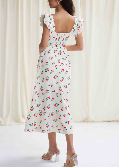 Fine White Ruffled Print Side Open Cotton Dress Summer