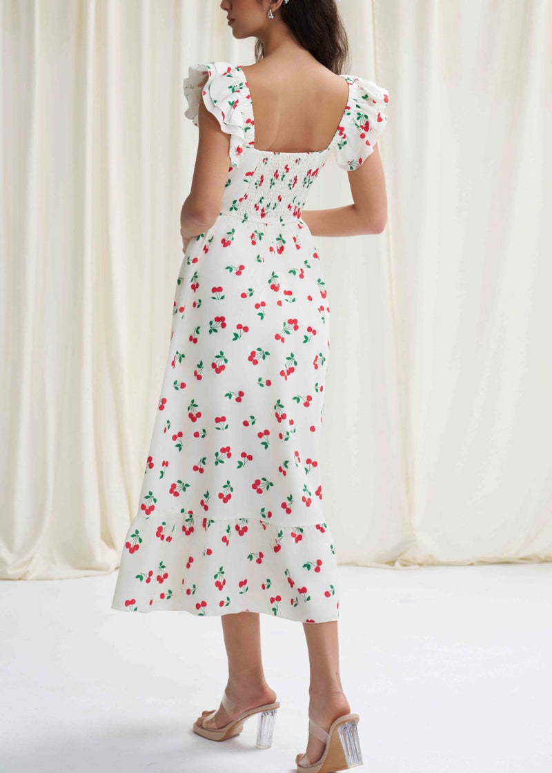 Fine White Ruffled Print Side Open Cotton Dress Summer