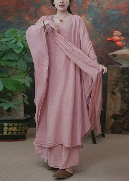 Original Pink Bow Dress and Wide Leg Pants Linen Two Pieces Set Batwing Sleeve