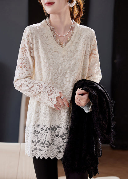 Unique White V Neck Lace Warm Fleece Blouse Tops Spring
