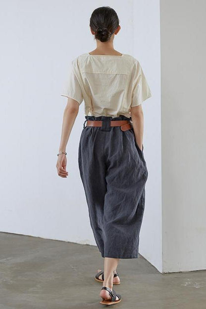 Linen Design Blue Pants Summer Loose Trousers