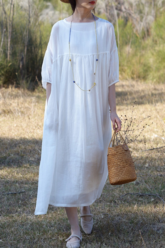 Summer Simple Pleated Dress 3/4 Sleeve Dress