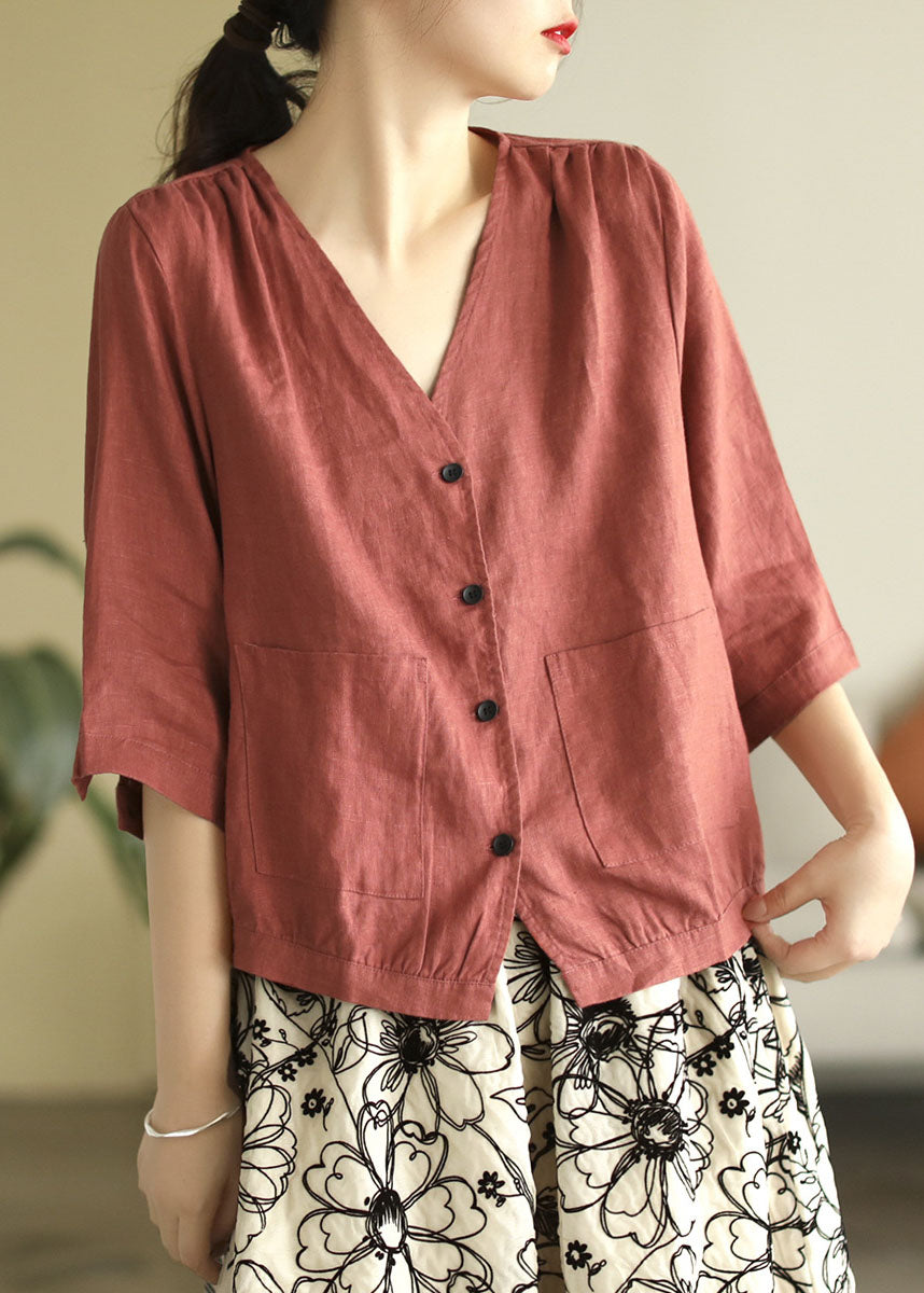 Yellow V Neck Pockets Linen Shirt Tops Half Sleeve