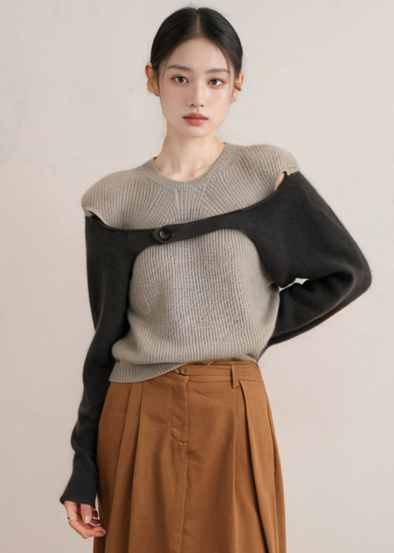 Grey O Neck Patchwork Woolen Knitted Tops Fall