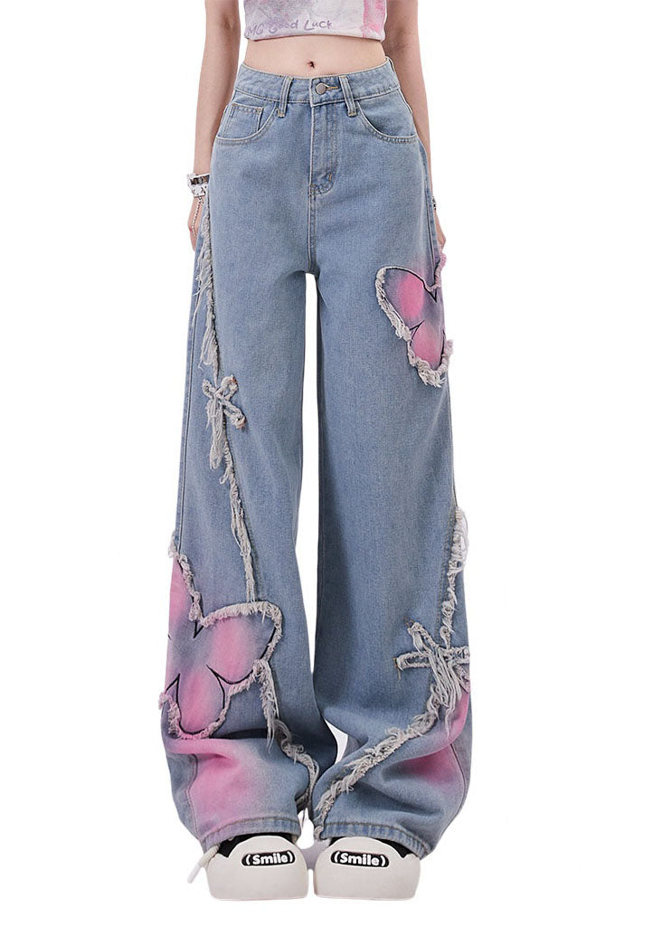 Blue Butterfly Patch Tassel Denim Straight Pants Spring