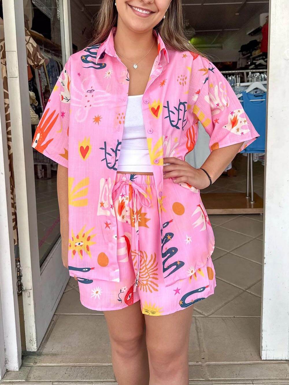 Printed Shirt Lace-up Elastic Shorts Set