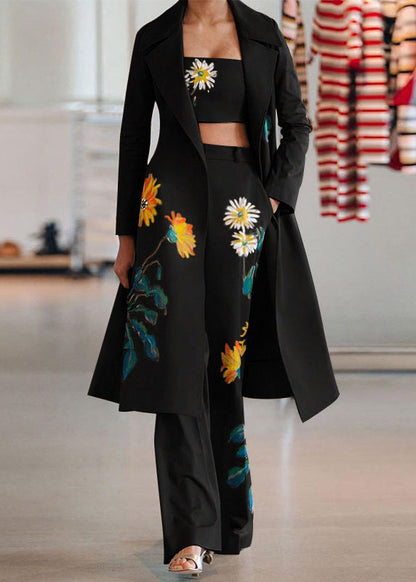 Black Notched Print Coats ,tube Top and Pants Three Pieces Set Spring