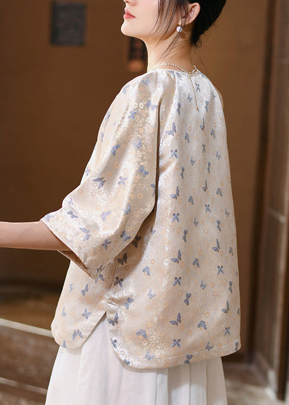 Natural Beige O Neck Jacquard Lace Up Silk Tops Spring