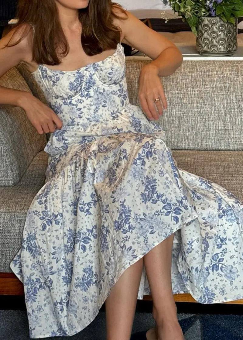 New Beige Print Wrinkled Cotton Spaghetti Strap Dress Summer