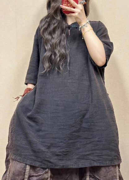 Pink Stand Collar Side Open Linen Blouses Half Sleeve
