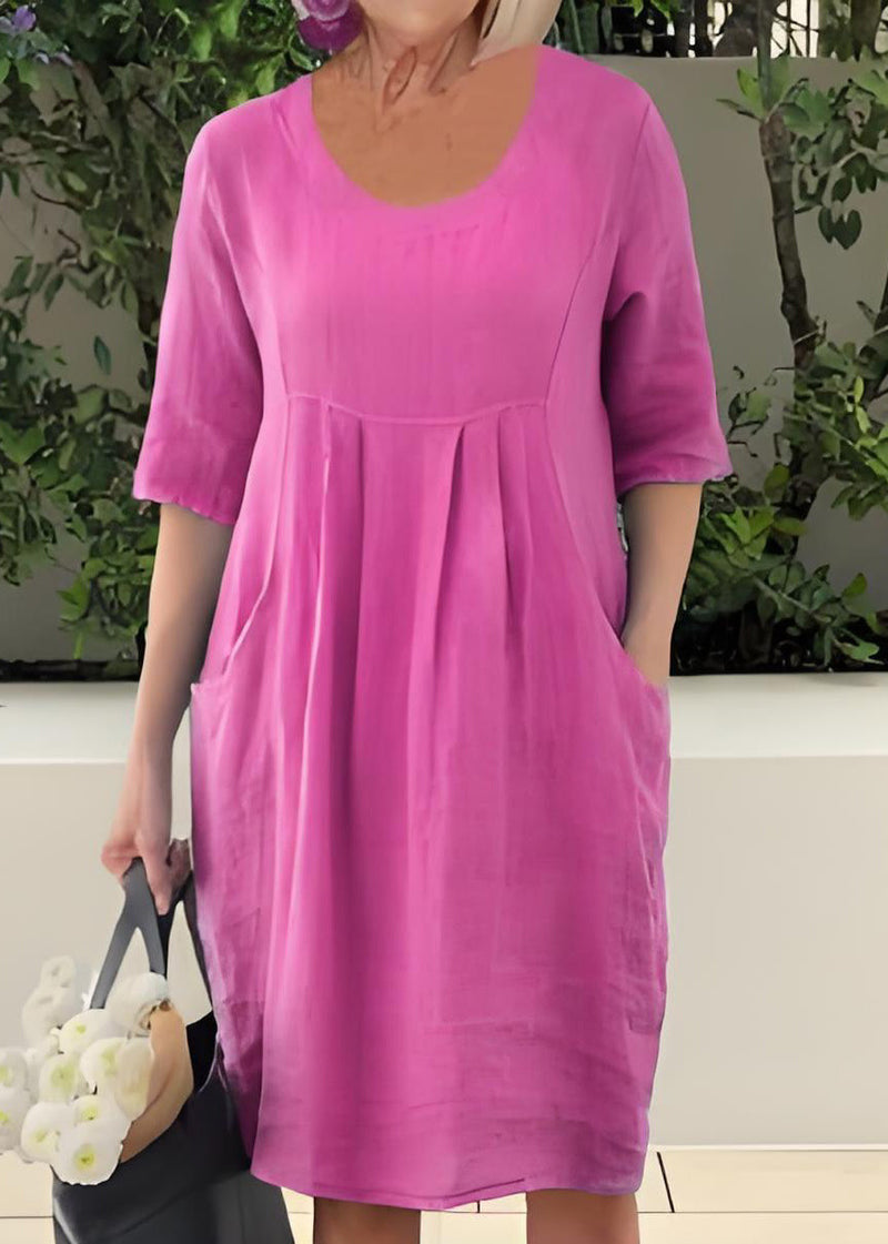 Blue O Neck Pockets Patchwork Cotton Dresses Summer