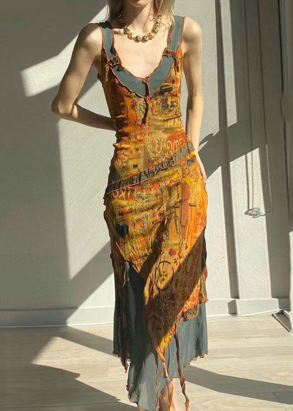 V Neck Asymmetrical Print Tulle Patchwork Long Spaghetti Strap Dress Summer